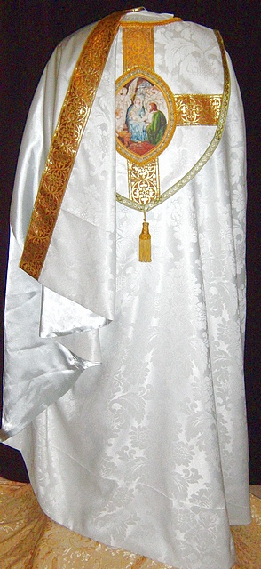 Cope in white on white fabric with Nativity Theme